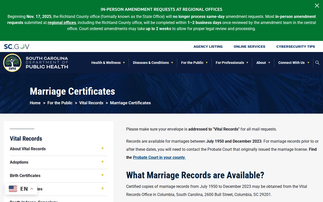 Columbia residents directory South Carolina marriage certificate instructions