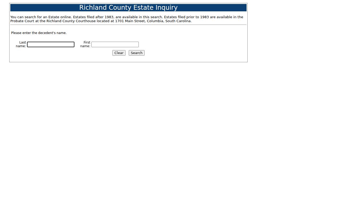 Columbia residents directory Richland County estate inquiry search