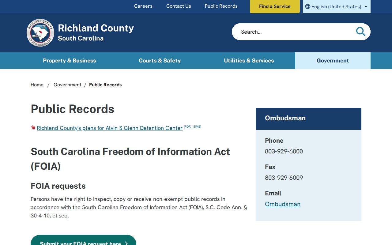 Columbia residents directory Richland County public records request page