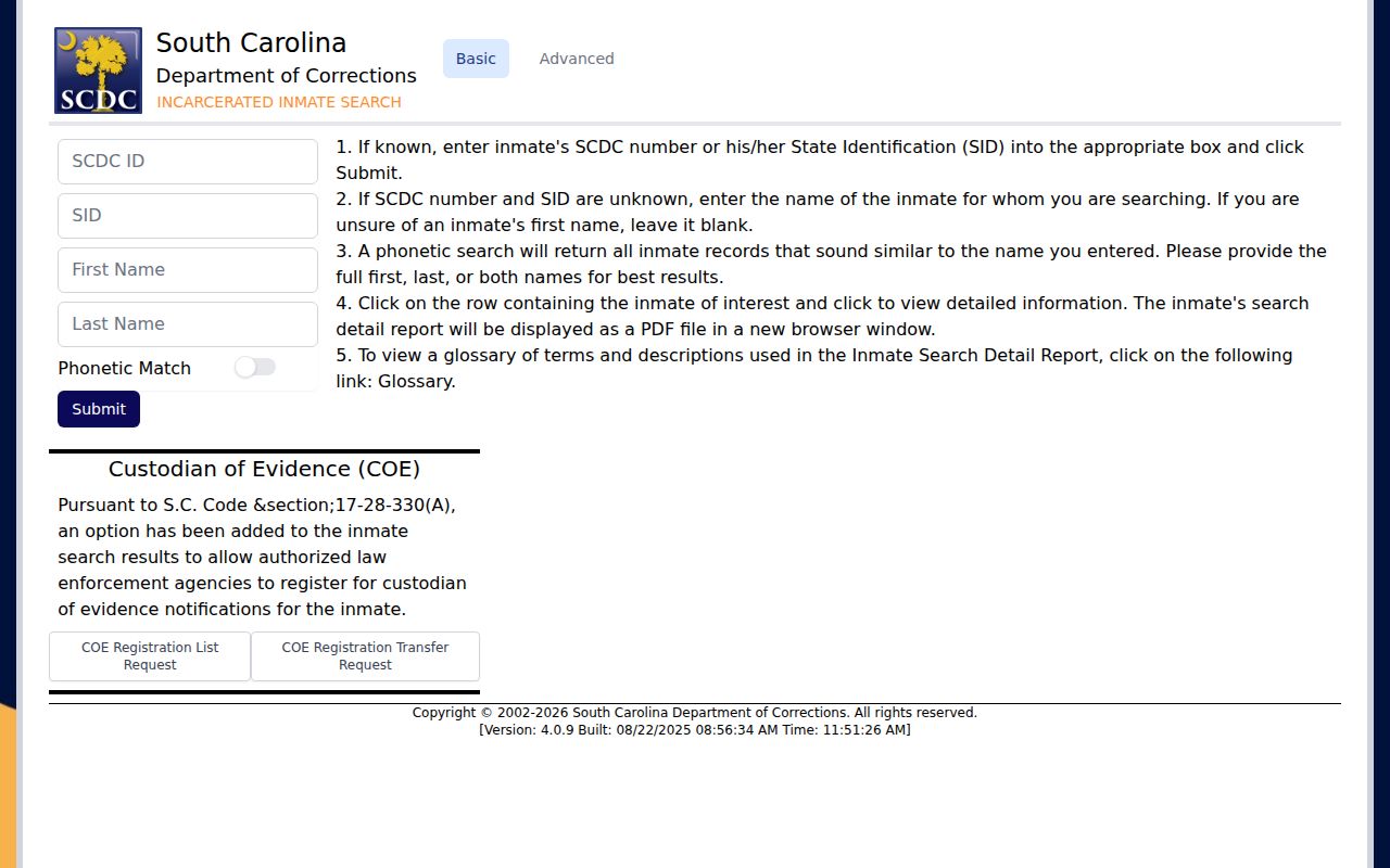 Columbia residents directory South Carolina inmate search screen