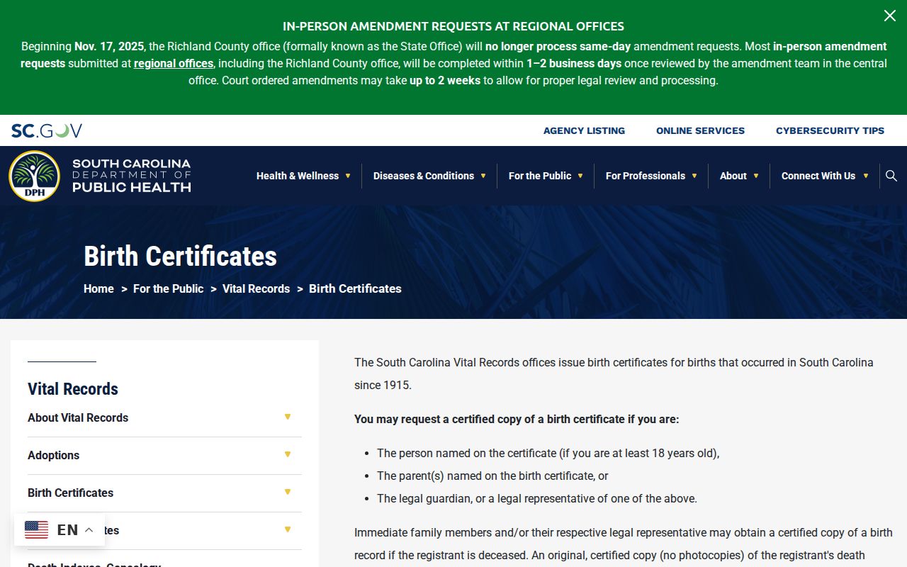 Columbia resident lookup South Carolina DPH birth certificate request information